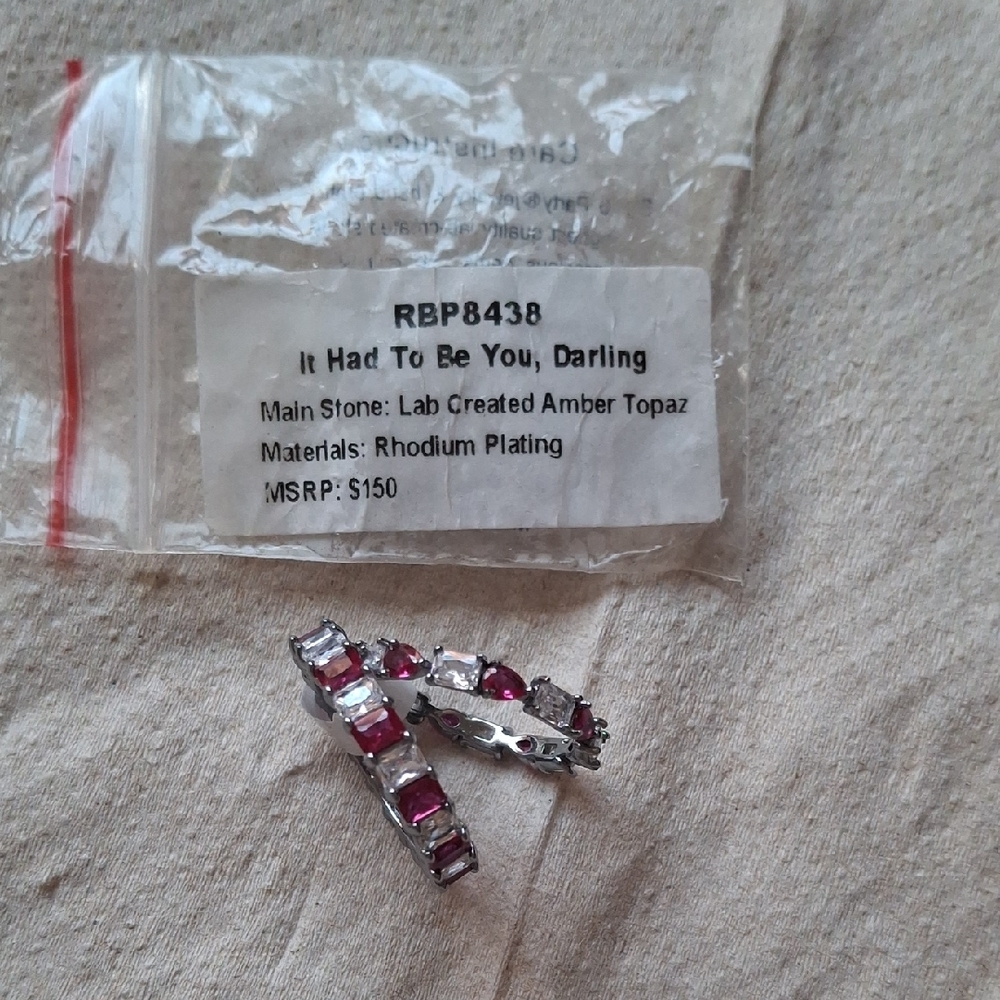 Rhodium Plated Hoop Earrings with Lab Created Amber Topaz